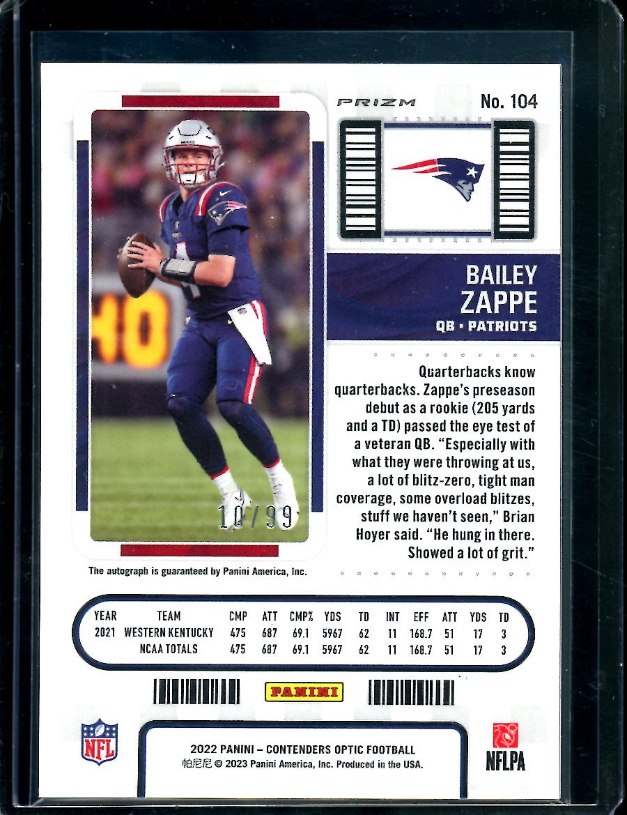 2022 Panini Contenders Optic Bailey Zappe Rookie Auto Light Blue /99 Patriots