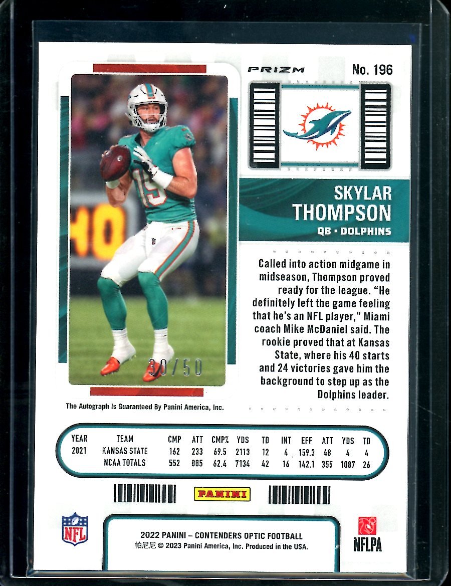 2022 Panini Contenders Optic Skylar Thompson Rookie Auto Orange /50 Dolphins