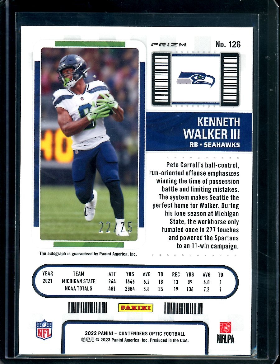 2022 Panini Contenders Optic Kenneth Walker III Rookie Auto Blue /99 Seahawks