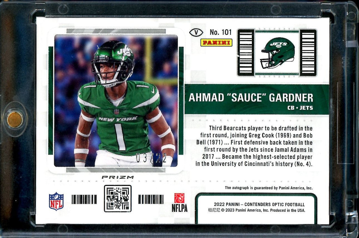 2022 Panini Contenders Optic Ahmad "Sauce" Gardner Rookie Auto Cracked Ice /22 Jets
