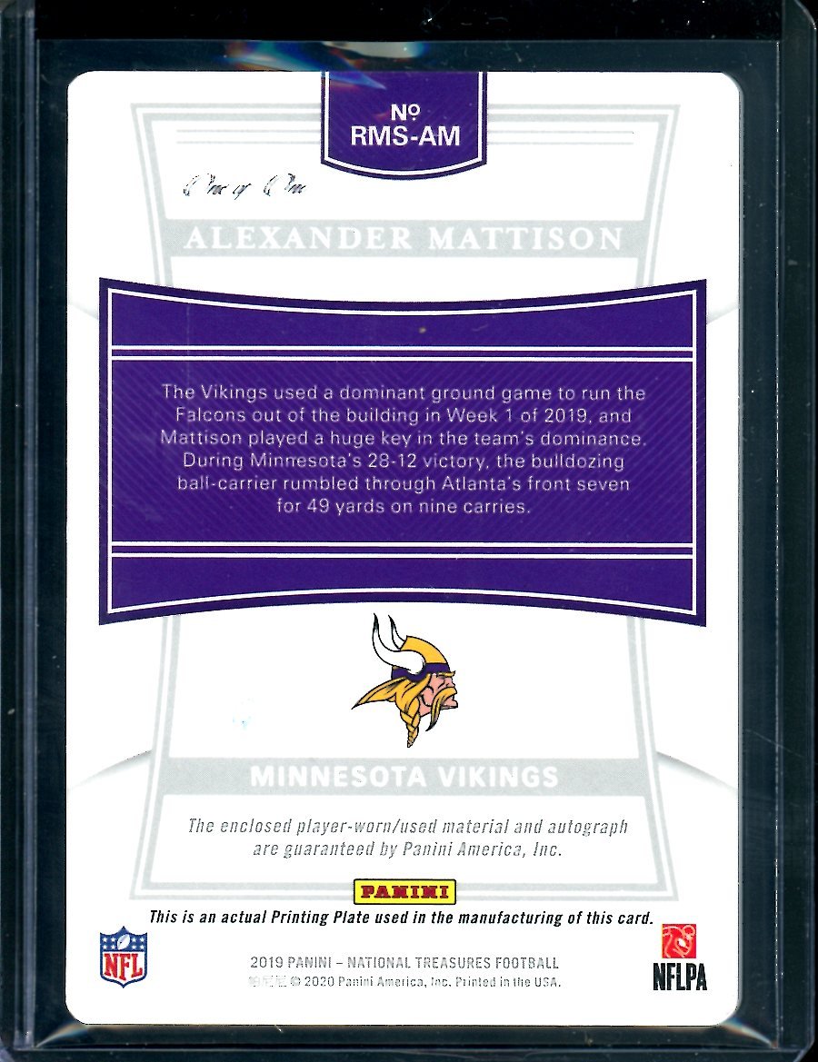 2019 Panini National Treasures Alexander Mattison Rookie Printing Plate RPA 1/1 Vikings