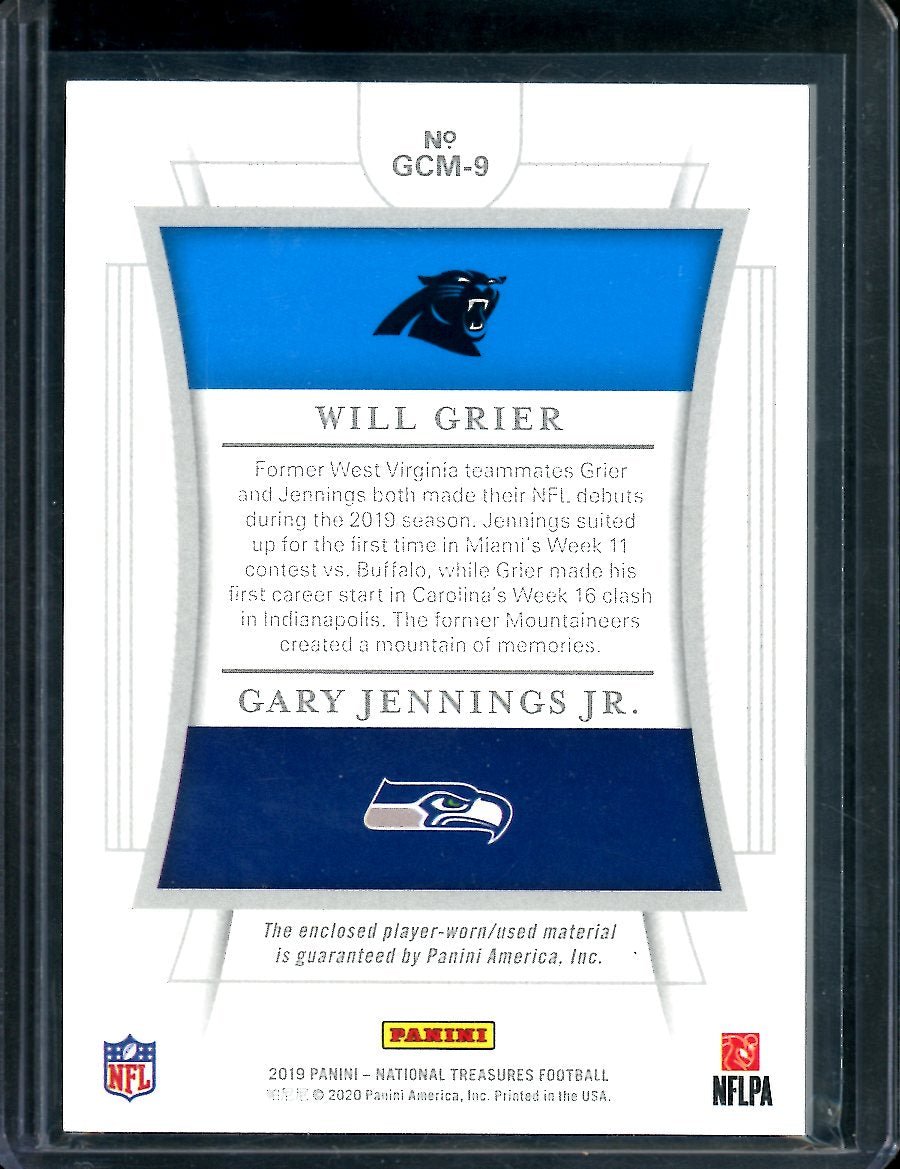 2019 Panini National Treasures Will Grier/Gary Jennings Jr. Rookie NFL Gear Patch Gold /10