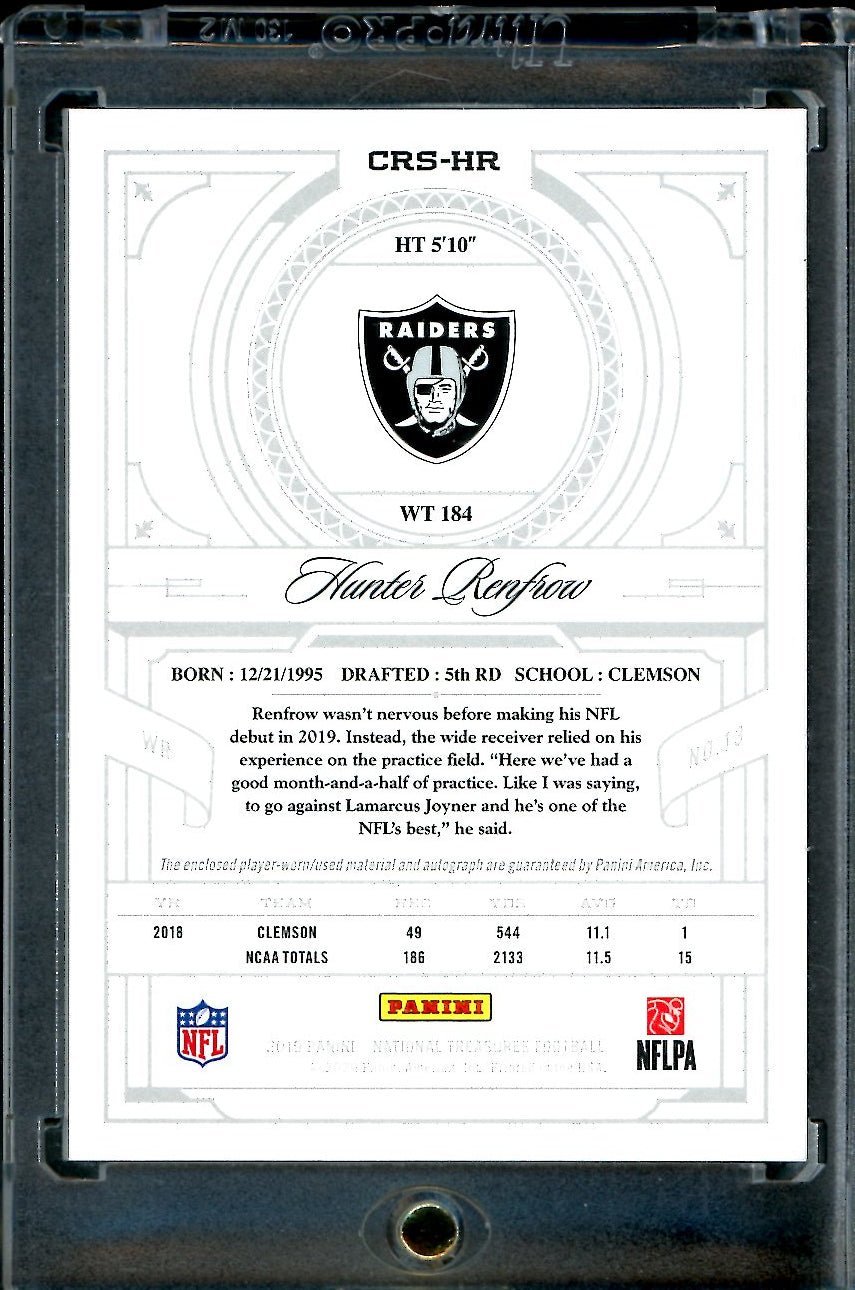 2019 Panini National Treasures Hunter Renfrow Rookie Laundry Tag RPA Red /5 Raiders