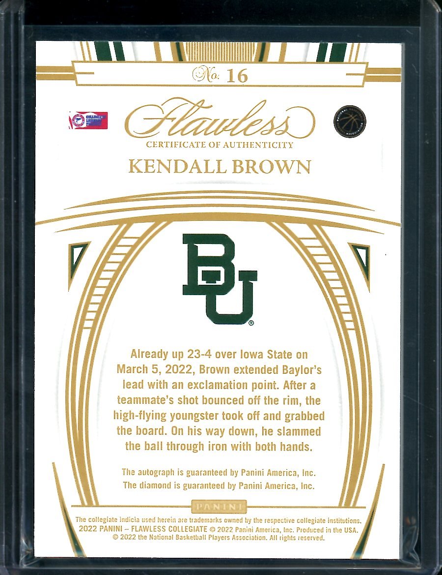2022/23 Panini Flawless Collegiate Kendall Brown Rookie Auto 1/1 Baylor