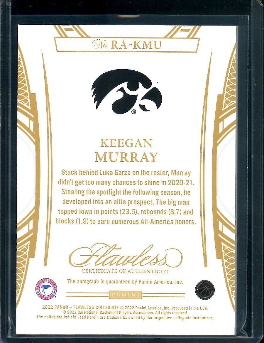 2022/23 Panini Flawless Collegiate Keegan Murray Rookie Auto Gold /10 Kings