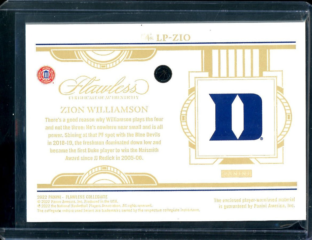 2022/23 Panini Flawless Collegiate Zion Williamson Patch /20 Pelicans