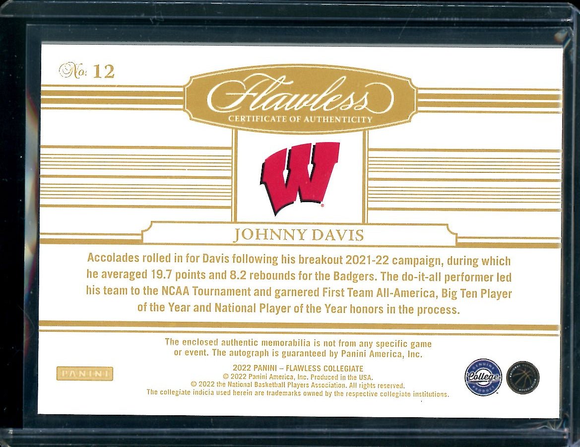 2022/23 Panini Flawless Collegiate Johnny Davis Rookie RPA Gold /10 Wizards