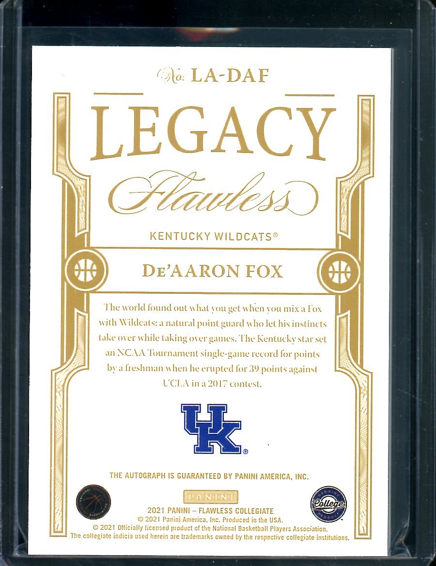 2022/23 Panini Flawless Collegiate De'Aaron Fox Legacy Auto Gold /10 Kings
