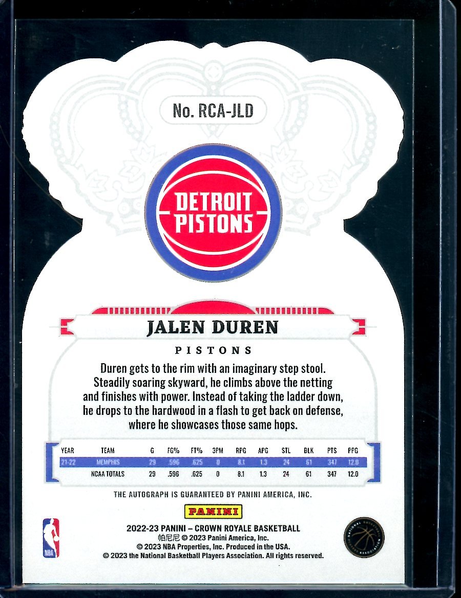 2022/23 Panini Crown Royale Jalen Duren Rookie Auto /99 Pistons