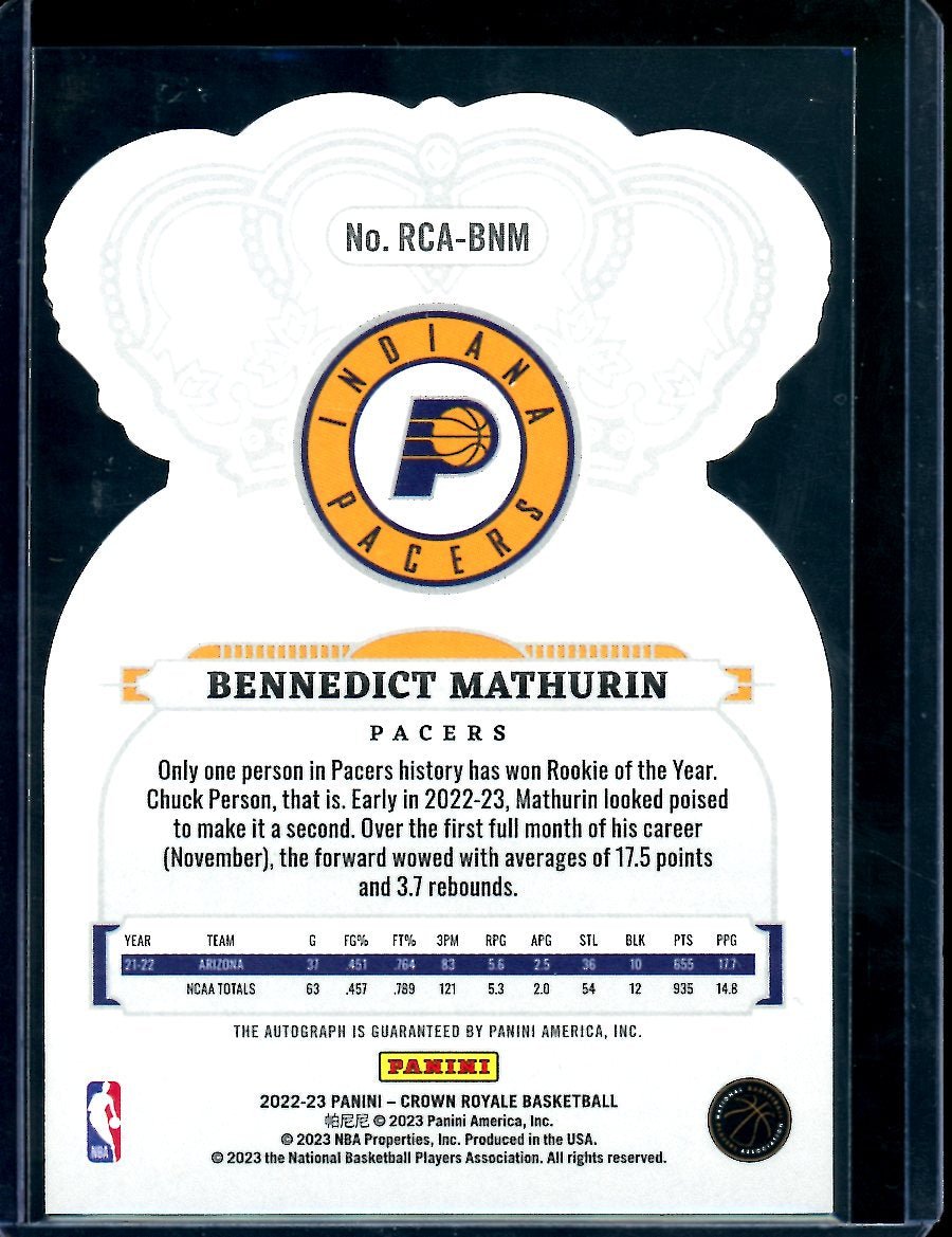 2022/23 Panini Crown Royale Bennedict Mathurin Rookie Auto /75 Pacers