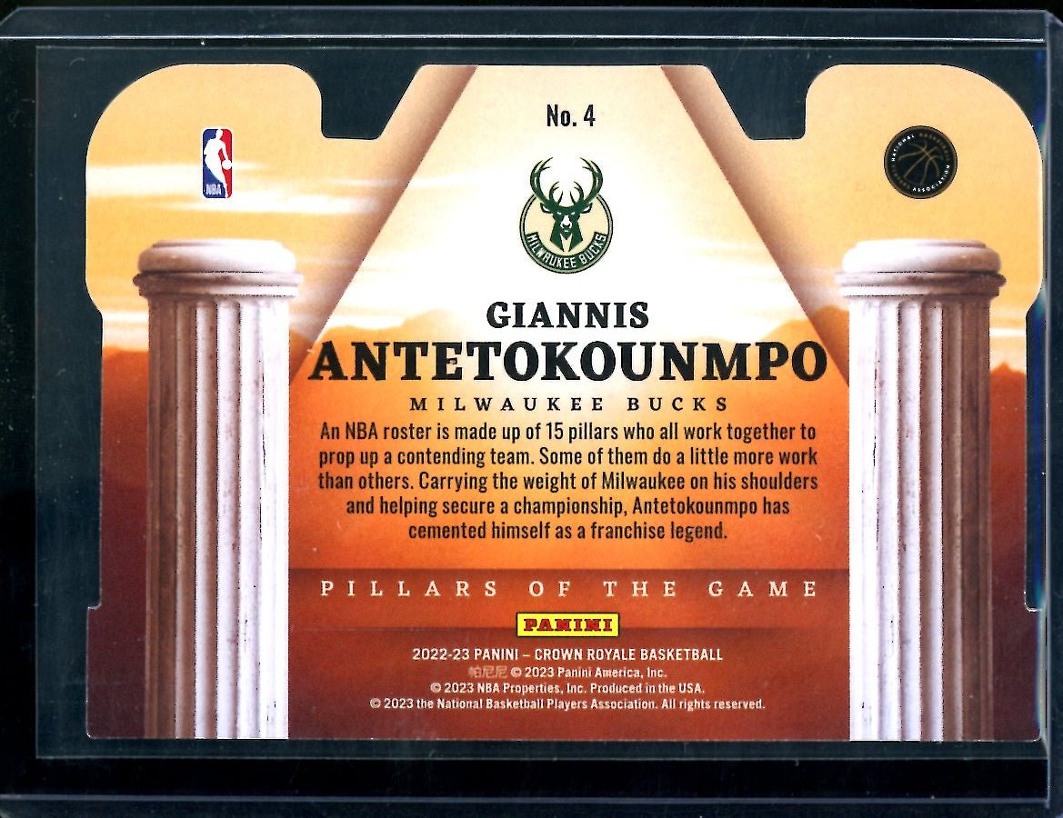 2022/23 Panini Crown Royale Giannis Antetokounmpo Pillars of the Game /75 Bucks