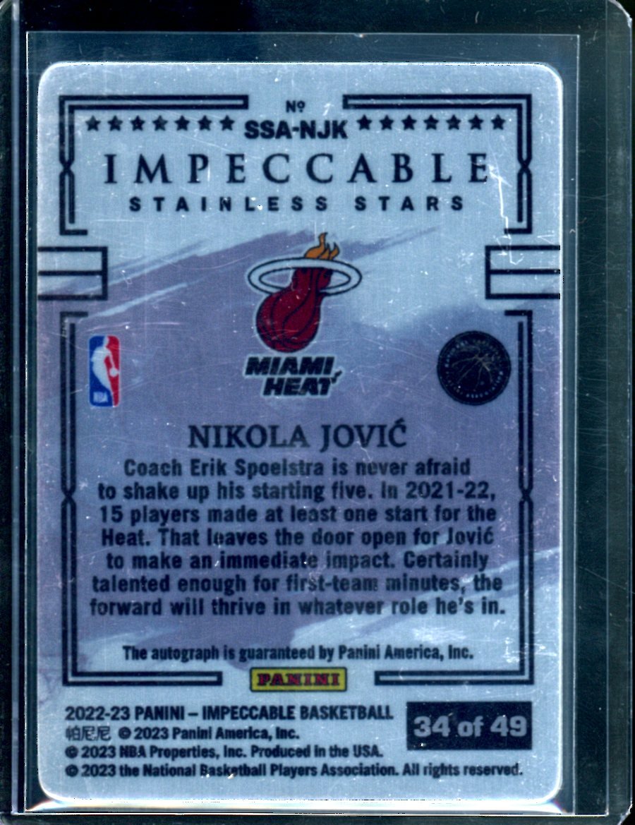 2022/23 Panini Impeccable Nikola Jovic Rookie Stainless Stars Auto /49 Heat