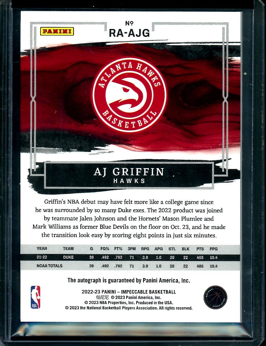 2022/23 Panini Impeccable AJ Griffin Rookie Auto /25 Hawks