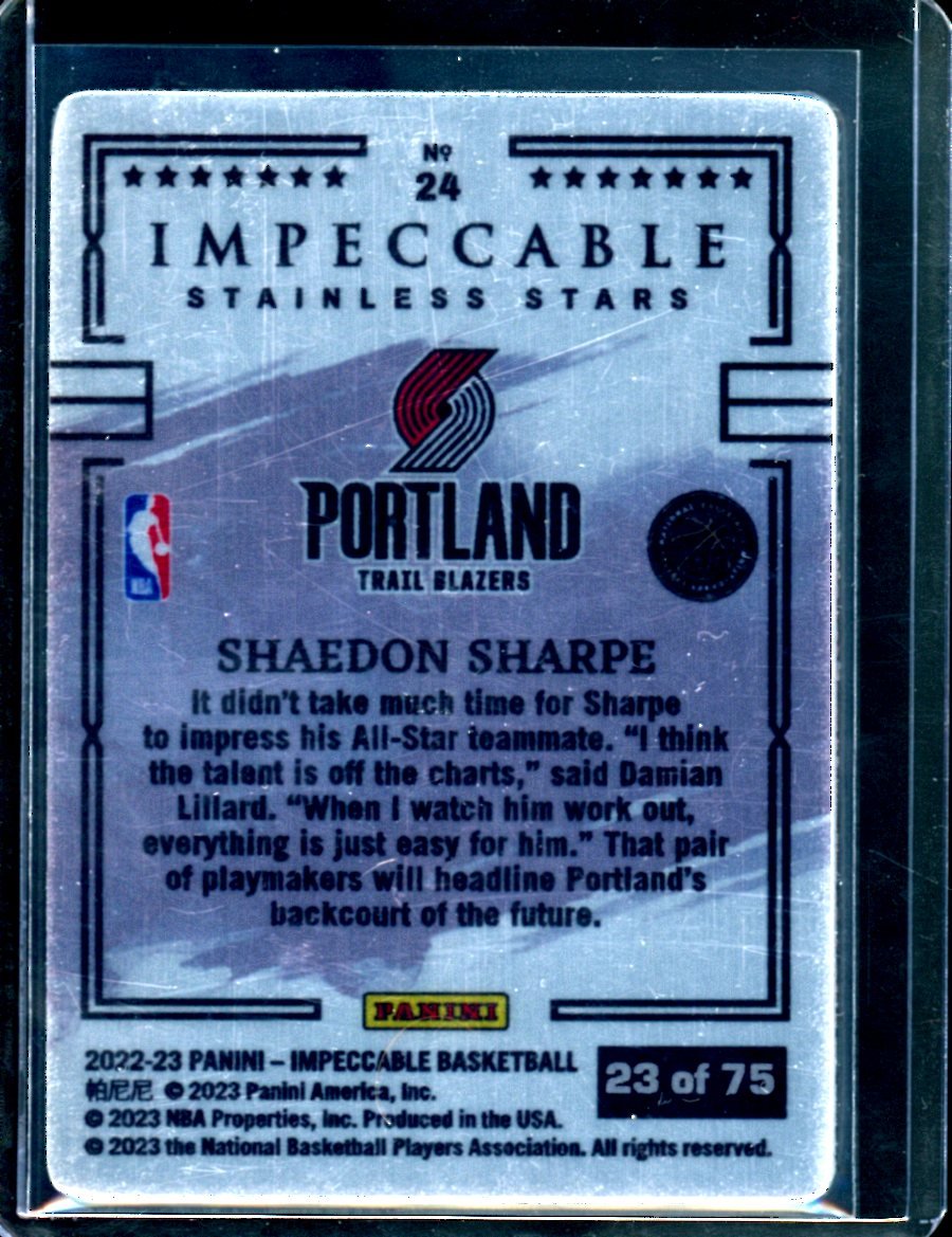 2022/23 Panini Impeccable Shaedon Sharpe Rookie Stainless Stars /75 Trailblazers