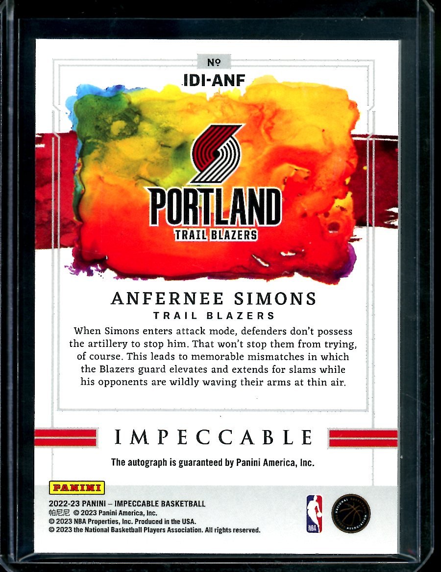 2022/23 Panini Impeccable Anfernee Simons Indelible Ink Auto /49 Trailblazers