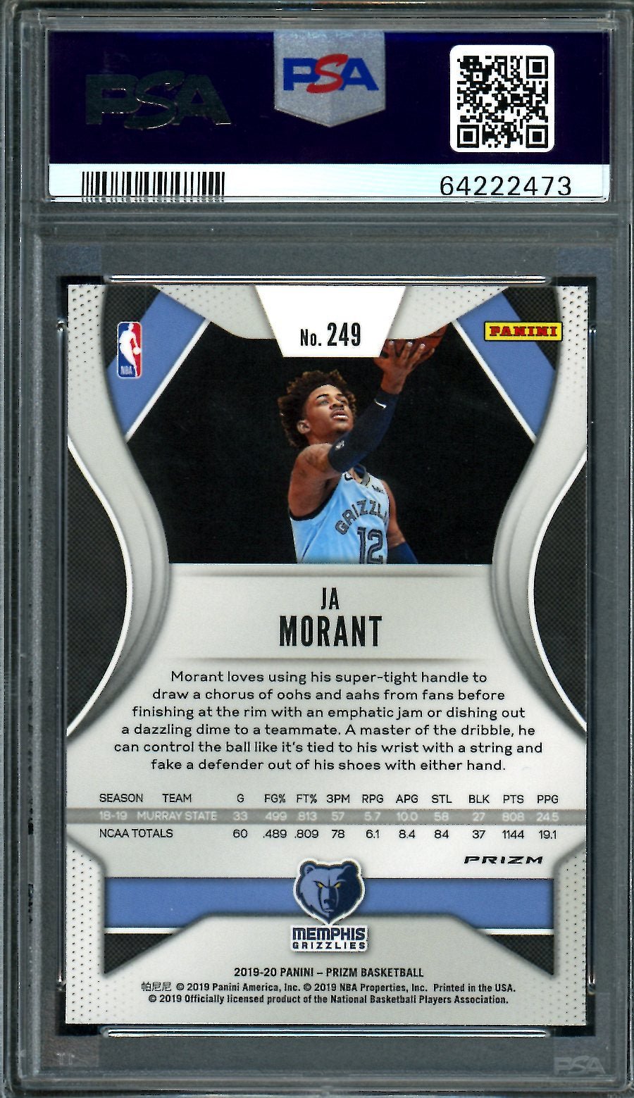 2019/20 Panini Prizm Ja Morant Rookie Fast Break Variation PSA 9 Grizzlies