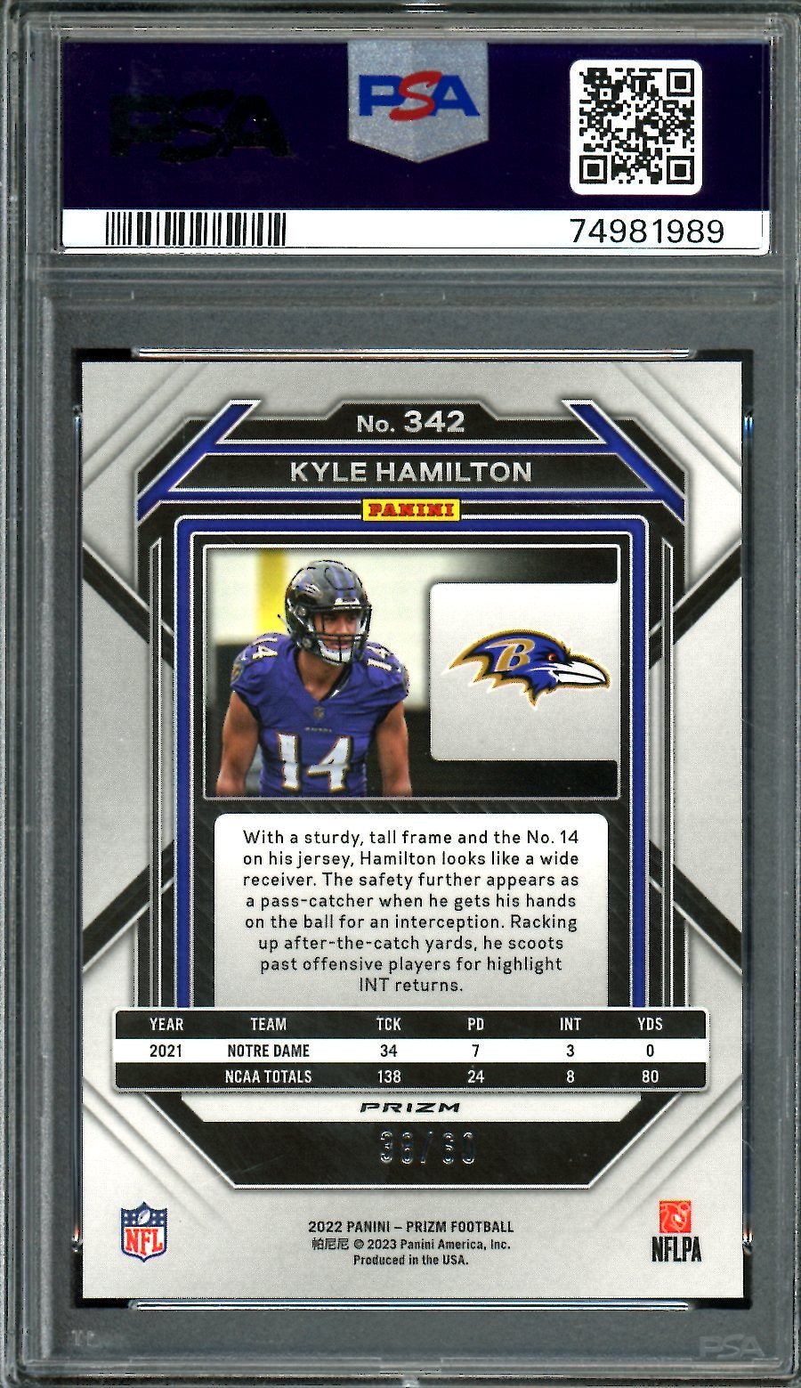 2022 Panini Prizm Kyle Hamilton Rookie Orange Wave /60 PSA 10 Ravens