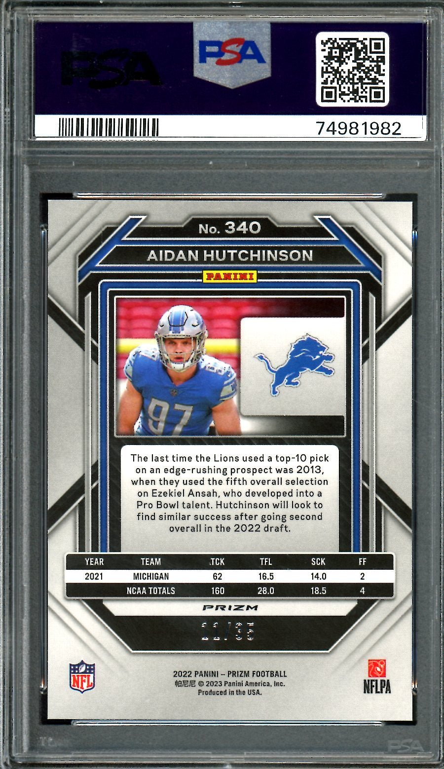 2022 Panini Prizm Aidan Hutchinson Rookie Red Shimmer /35 PSA 9 Lions