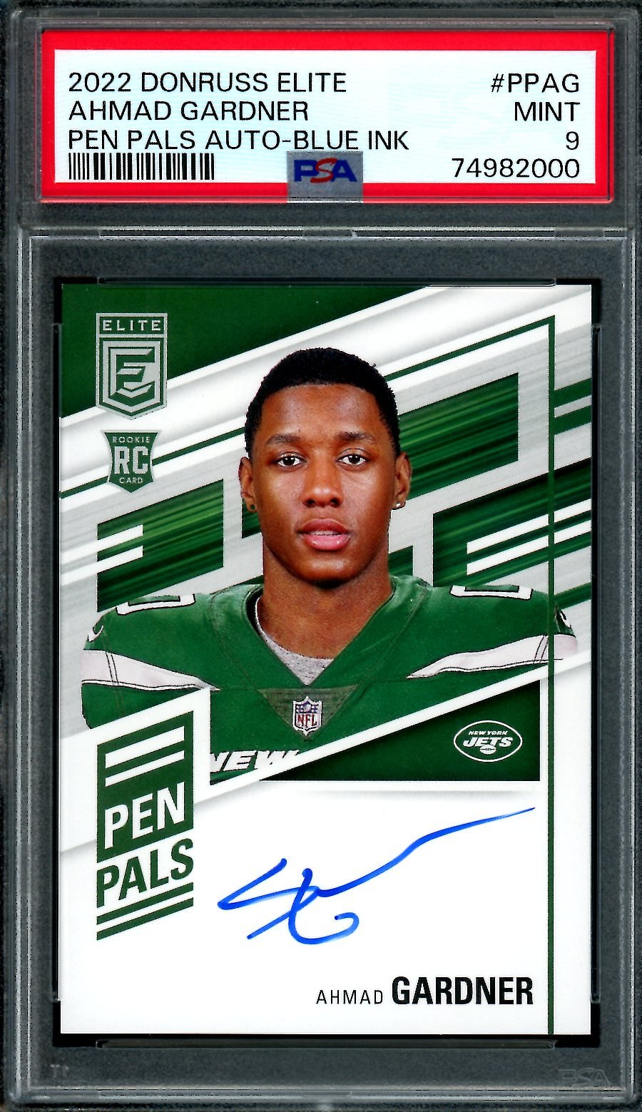 2022 Panini Elite Ahmad "Sauce" Gardner Rookie Auto Pen Pals Blue Ink PSA 9 Jets