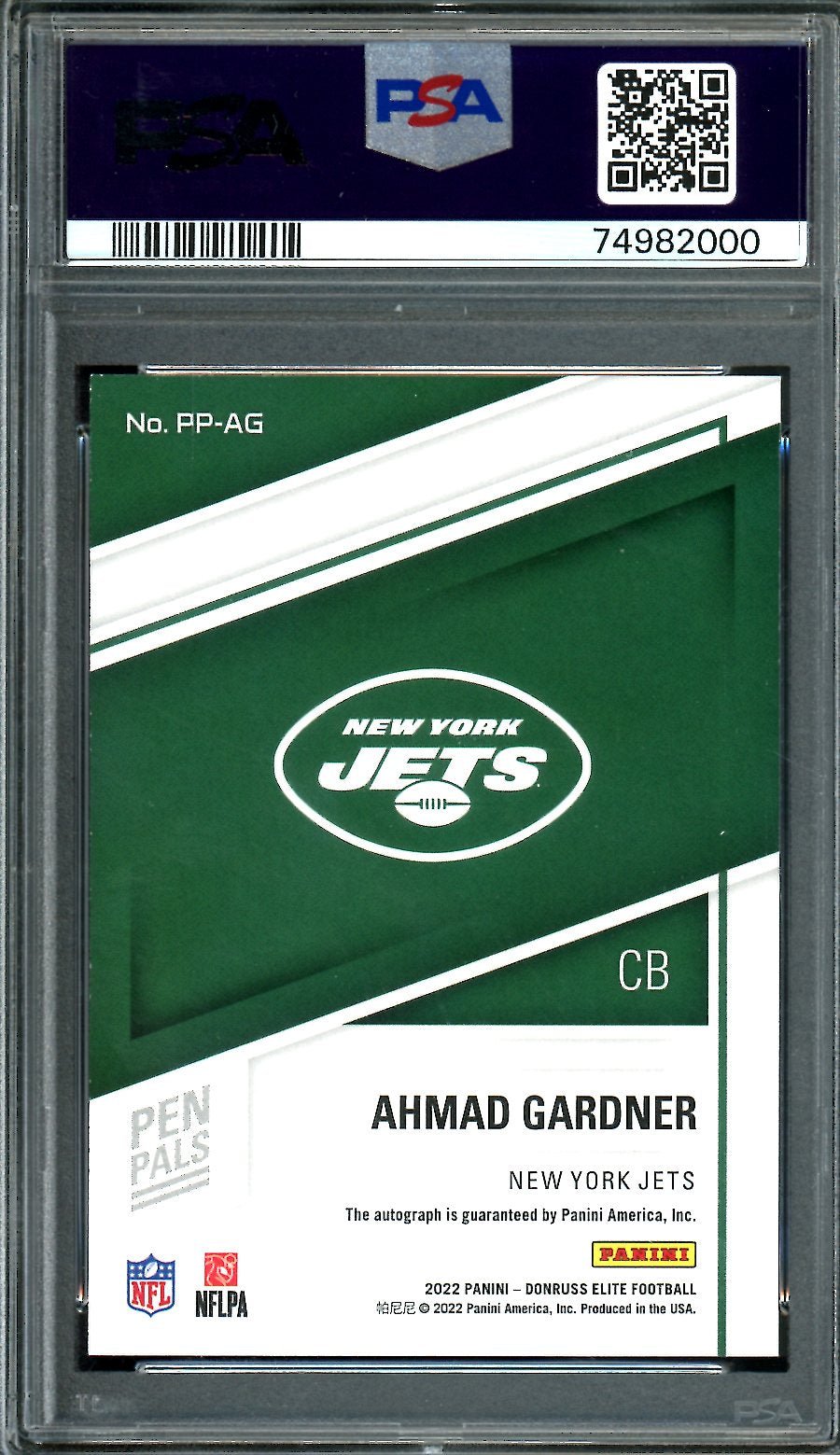 2022 Panini Elite Ahmad "Sauce" Gardner Rookie Auto Pen Pals Blue Ink PSA 9 Jets