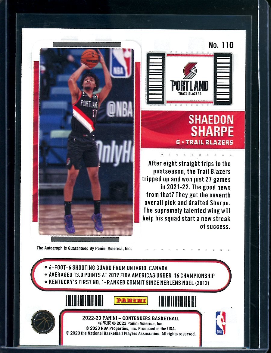 2022/23 Panini Contenders Shaedon Sharpe Rookie Ticket Auto Trailblazers