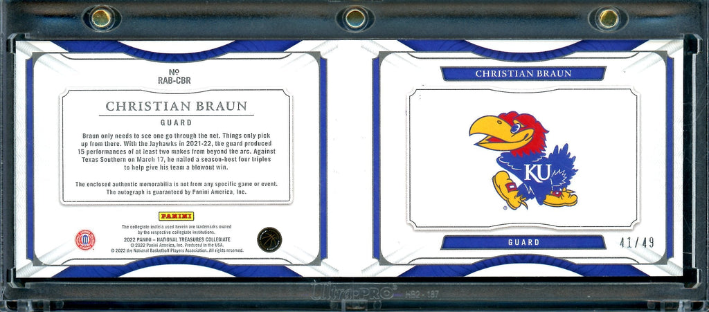 2022/23 National Treasures Collegiate Christian Braun Rookie RPA Booklet /49 Kansas