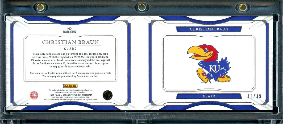 2022/23 National Treasures Collegiate Christian Braun Rookie RPA Booklet /49 Kansas