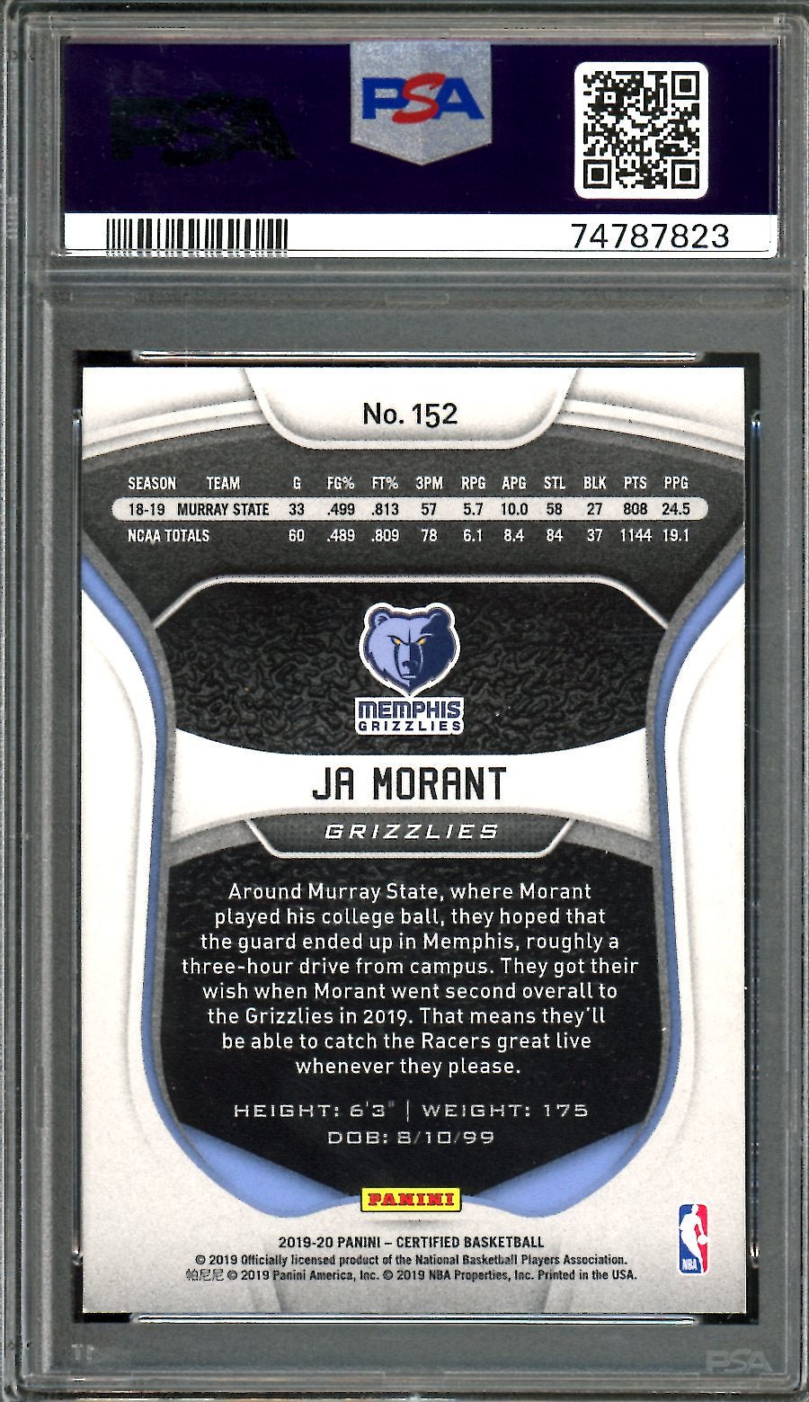 2019/20 Panini Certified Ja Morant Rookie PSA 10 Grizzlies