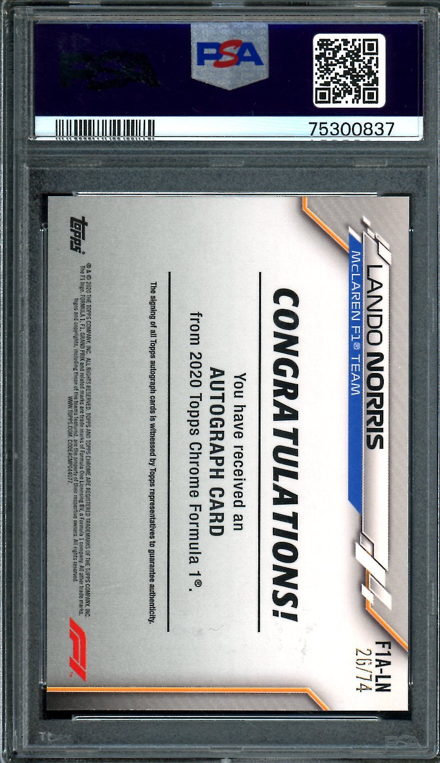 2020 Topps Chrome Lando Norris Rookie Auto /74 PSA 8-10 Auto McLaren