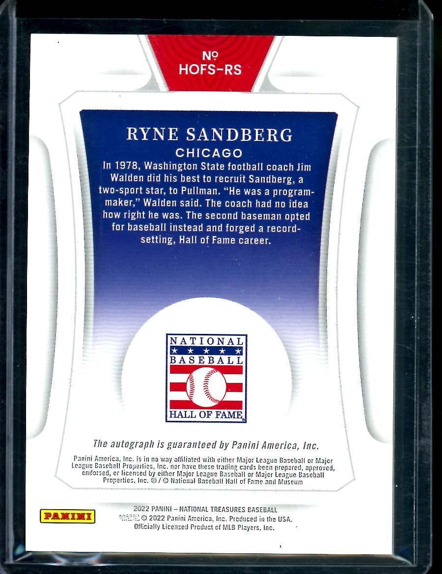 2022 Panini National Treasures Ryne Sandberg Hall of Fame Auto /25 Cubs