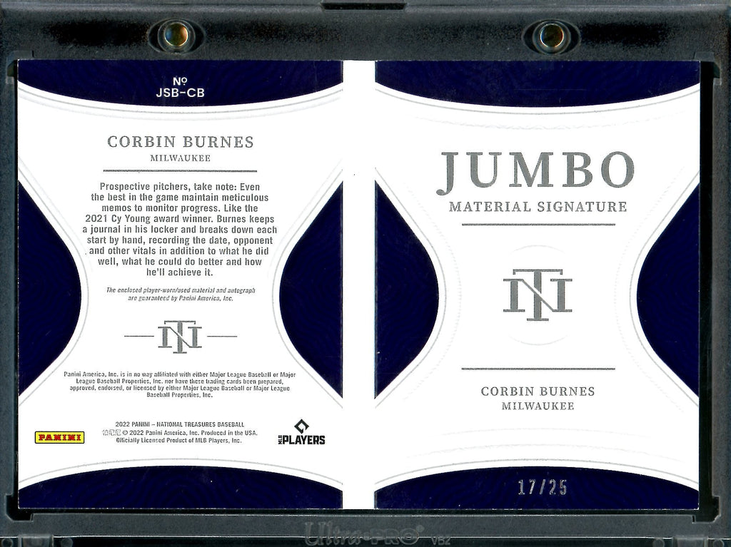 2022 Panini National Treasures Corbin Burnes Jumbo Materials Booklet Patch Auto /25 Brewers