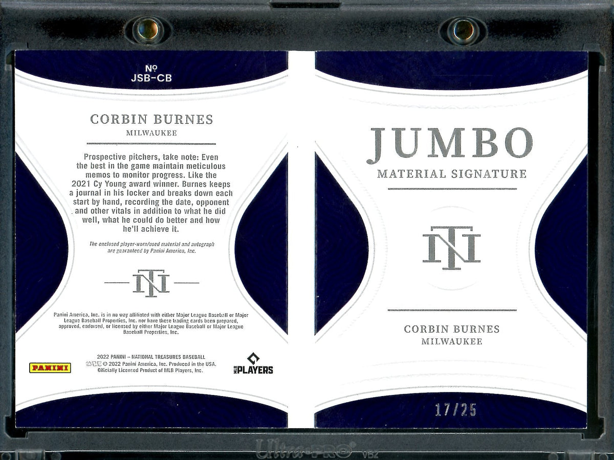 2022 Panini National Treasures Corbin Burnes Jumbo Materials Booklet Patch Auto /25 Brewers