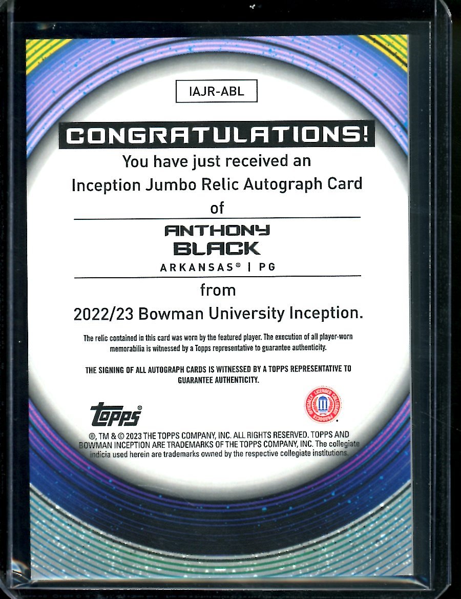 2022/23 Bowman Inception Anthony Black Patch Auto /199 Arkansas