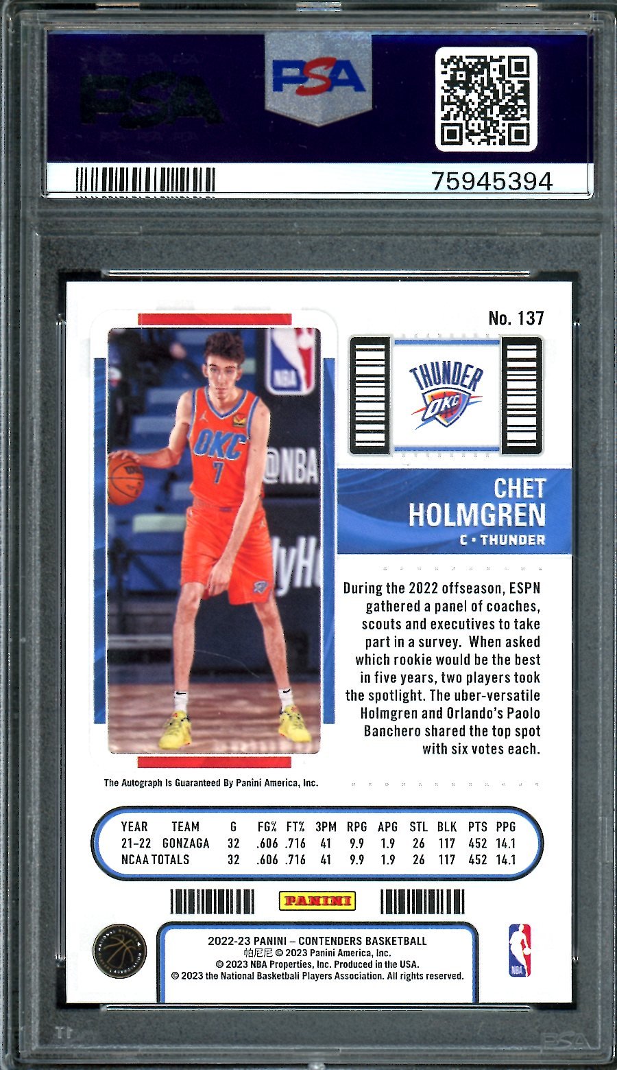 2022/23 Panini Contenders Chet Holmgren Rookie Ticket Auto Cracked Ice /25 PSA 10/10 Thunder