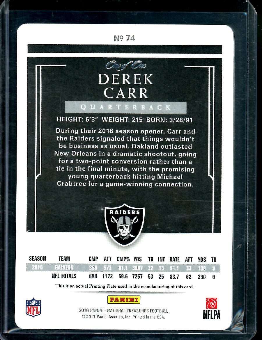 2016 Panini National Treasures Derek Carr Printing Plate 1/1 Raiders