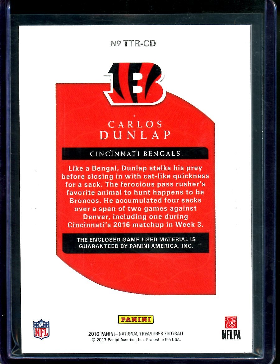 2016 Panini National Treasures Carlos Dunlap Tremendous Treasures Patch /99 Bengals