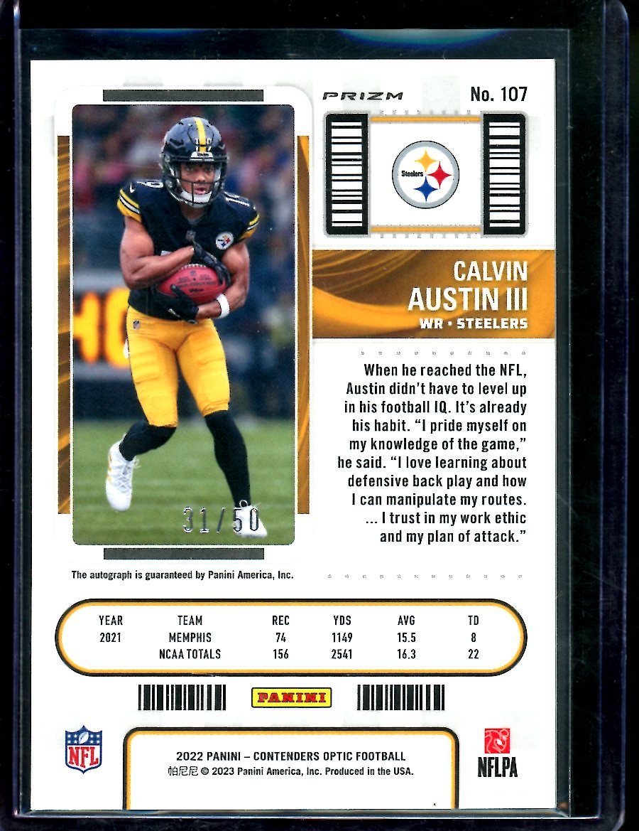 2022 Panini Contenders Optic Calvin Austin III Rookie Ticket Auto Orange /50 Steelers
