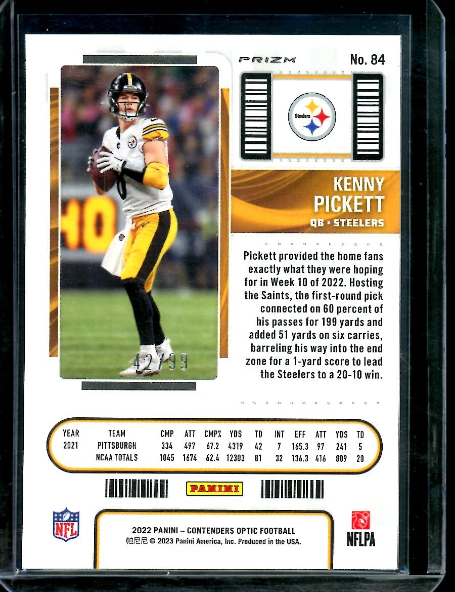 2022 Panini Contenders Optic Kenny Pickett Rookie Ticket Blue /99 Steelers