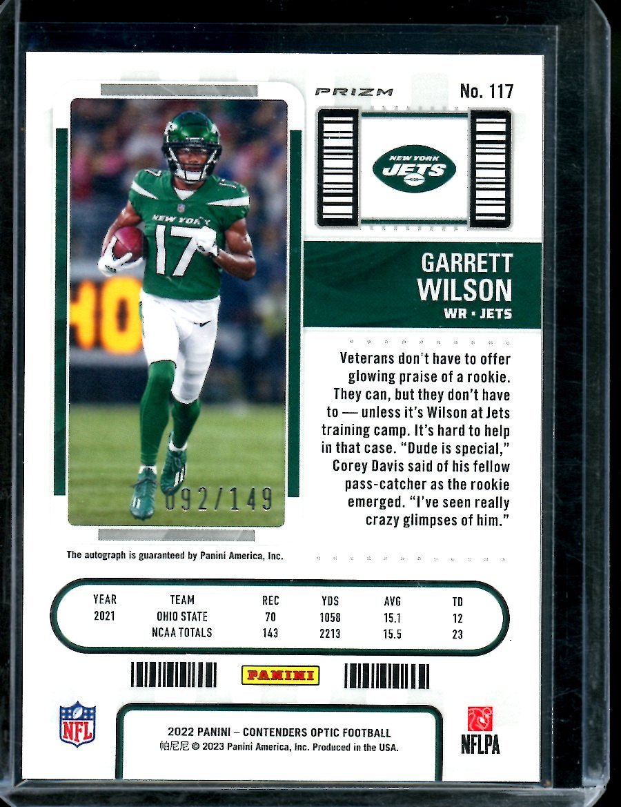 2022 Panini Contenders Optic Garrett Wilson Rookie Ticket Auto Red /149 Jets