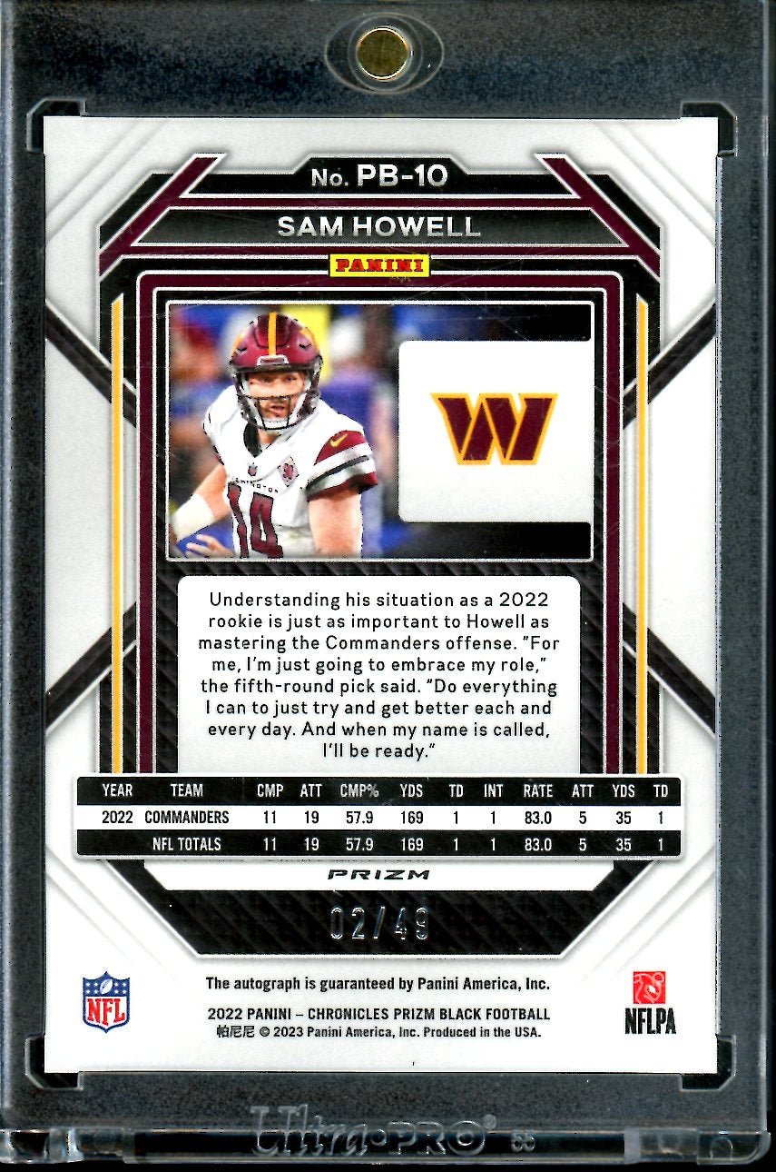 2022 Panini Chronicles Prizm Black Sam Howell Rookie Auto Green /49 Commanders