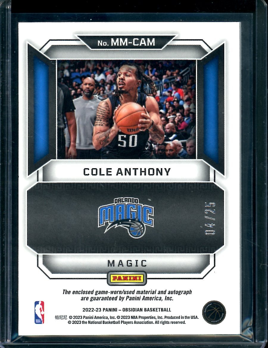 2022/23 Panini Obsidian Cole Anthony Matrix Materials Patch Auto /25 Magic