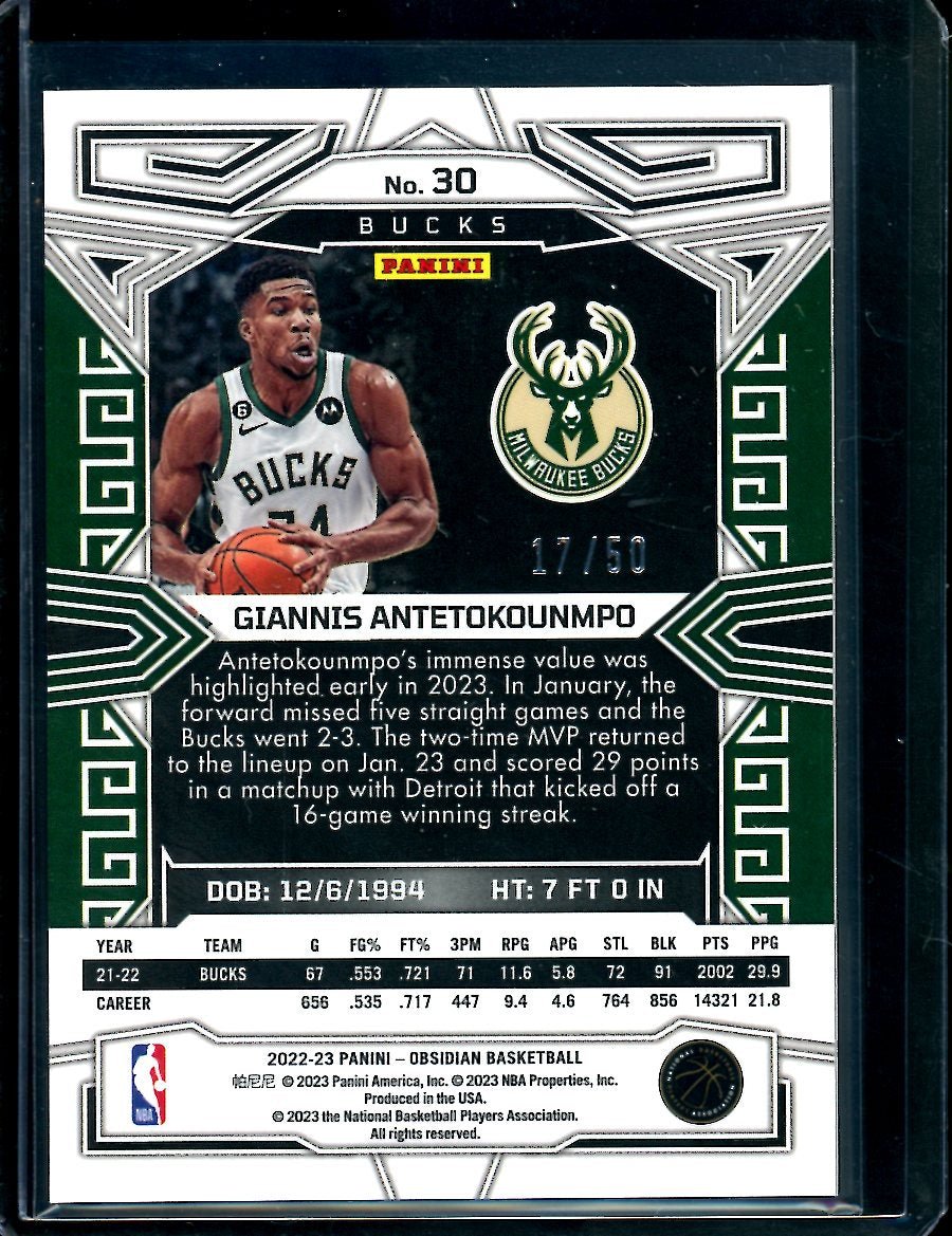 2022/23 Panini Obsidian Giannis Antetokounmpo Orange /50 Bucks