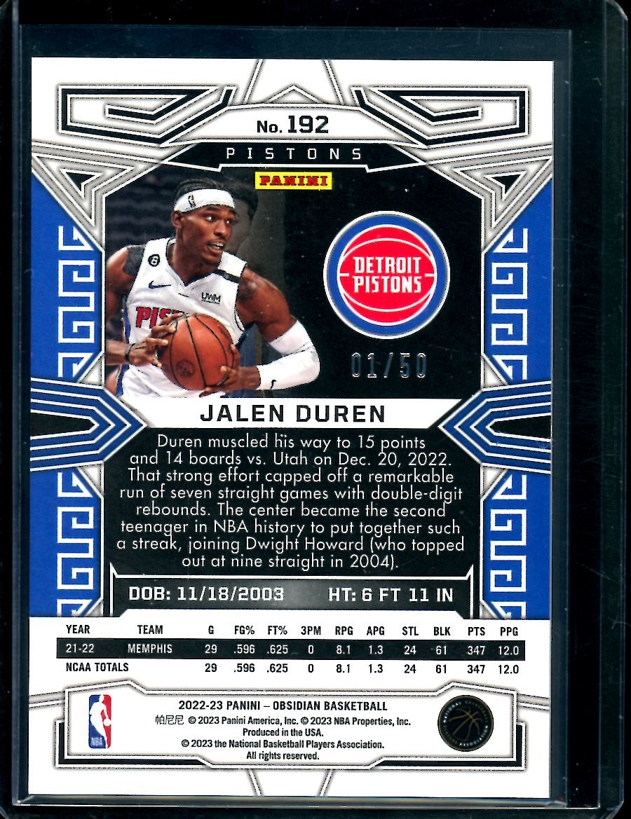 2022/23 Panini Obsidian Jalen Duren Rookie Orange /50 Pistons