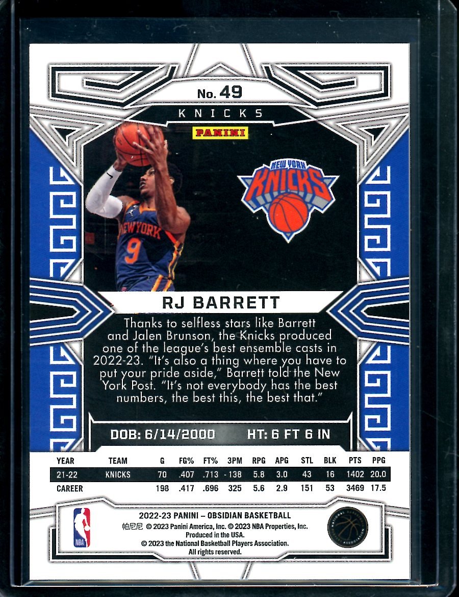 2022/23 Panini Obsidian RJ Barrett Neon Etch Flood SSP Knicks