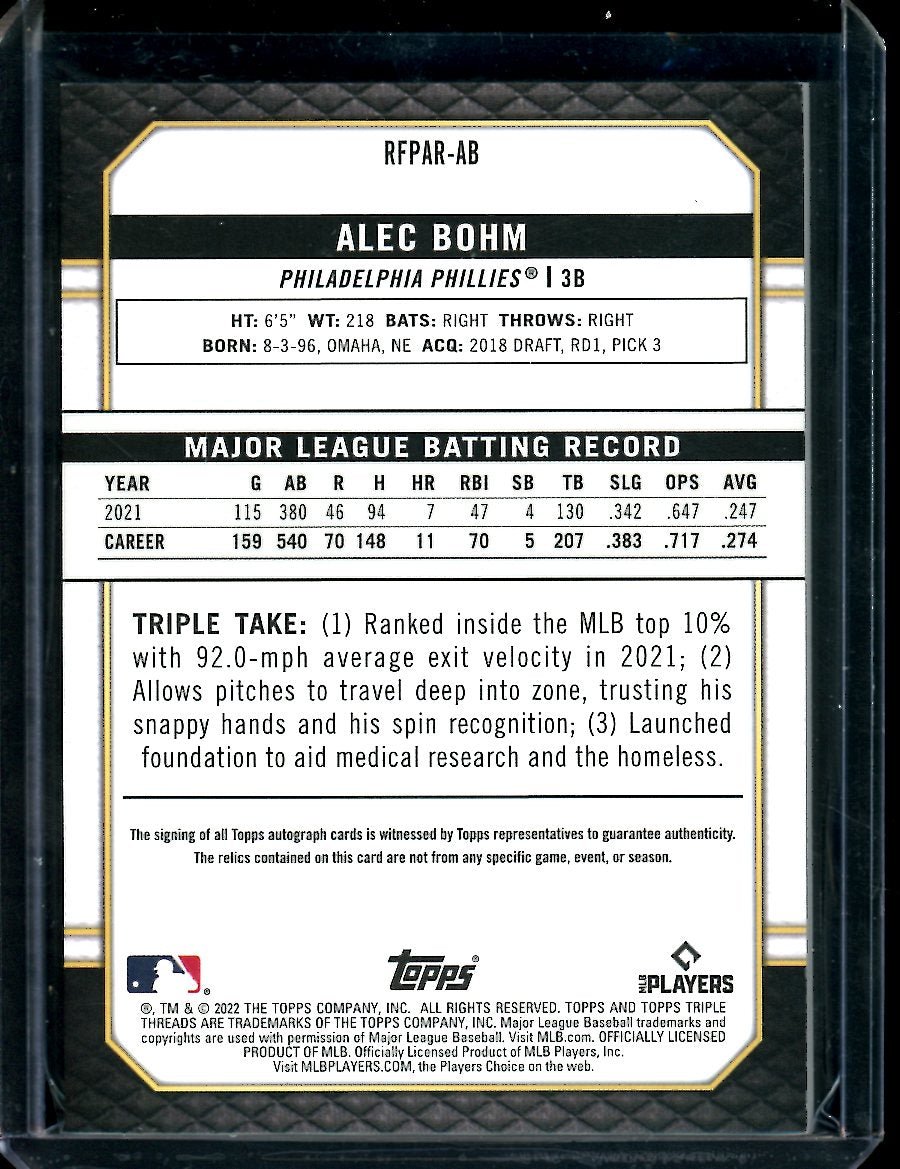 2022 Topps Triple Threads Alec Bohm Patch Auto /25 Phillies