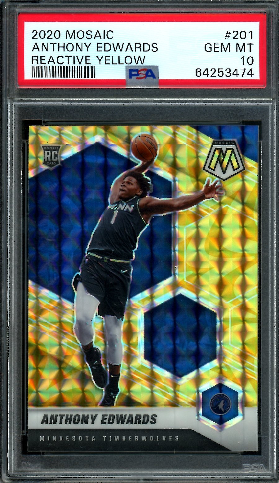 2020/21 Panini Mosaic Anthony Edwards Rookie Yellow Reactive PSA 10 Timberwolves