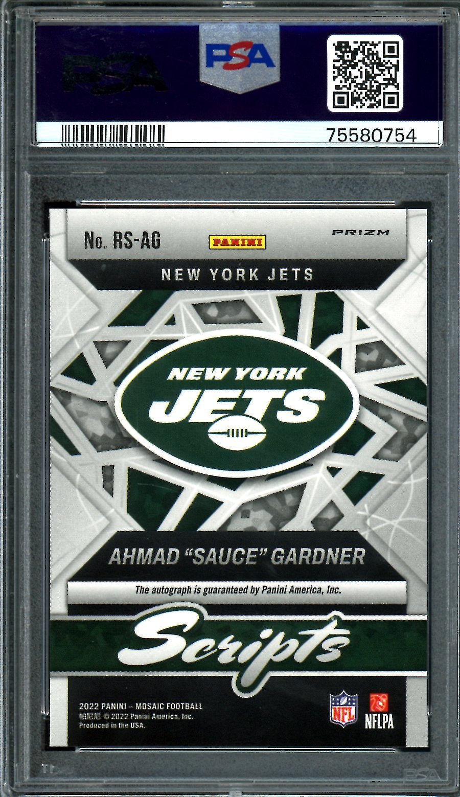 2022 Panini Mosaic Ahmad "Sauce" Gardner Rookie Scripts Auto PSA 10 Jets