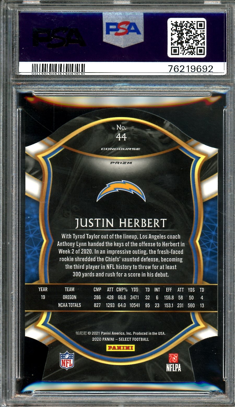 2020 Panini Select Justin Herbert Rookie Blue Prizm Die-Cut PSA 9 Chargers