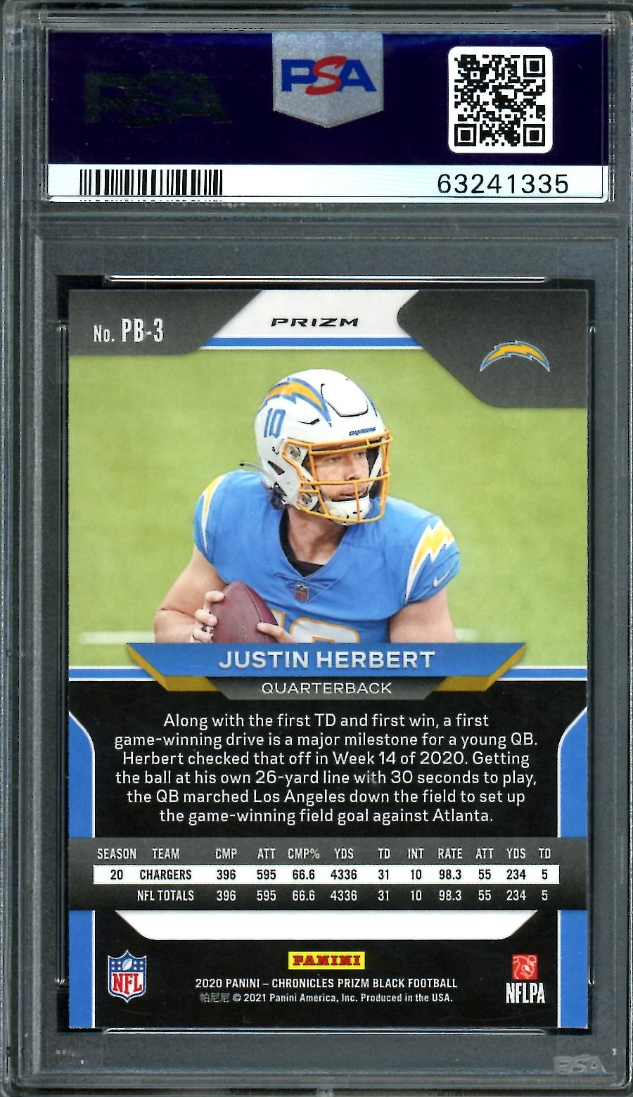 2020 Panini Chronicles Prizm Black Justin Herbert Rookie Silver PSA 9 Chargers