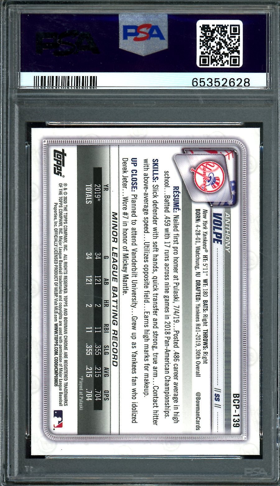 2020 Bowman Chrome Anthony Volpe 1st Bowman Mega Box PSA 10 Yankees